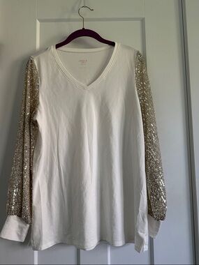 Sequin-Sleeve V-Neck Long Sleeve Top - White & Gold by